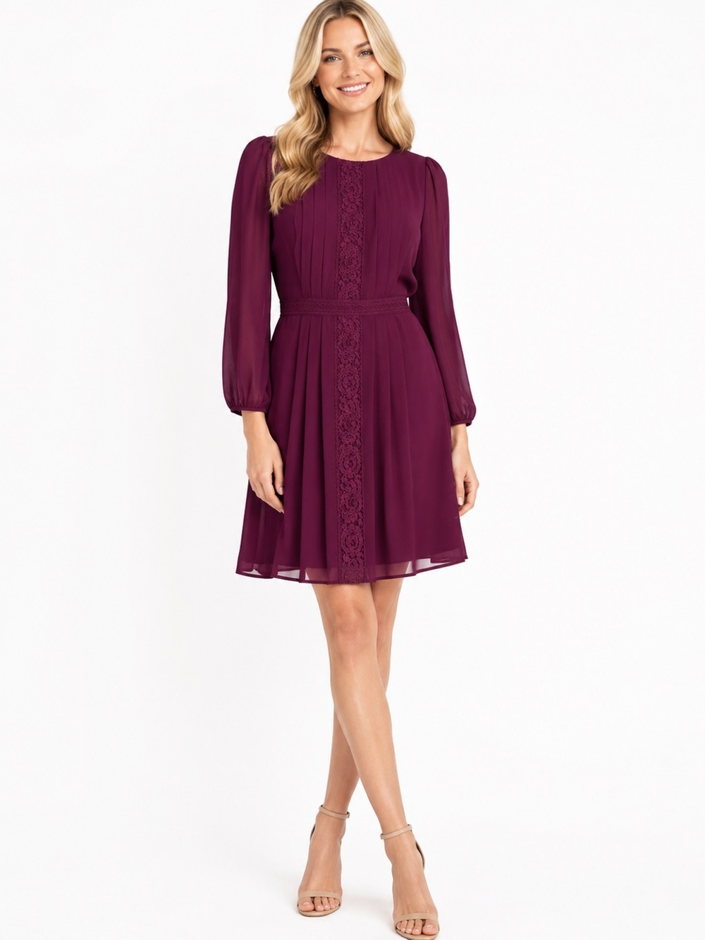 Jessica Simpson 3/4 Sleeve Chiffon Dress Size 4 Dark Purple Maroon